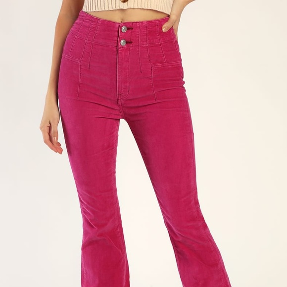 New Free People Jayde Magenta High Rise Flared Corduroy Pants - Picture 3 of 10